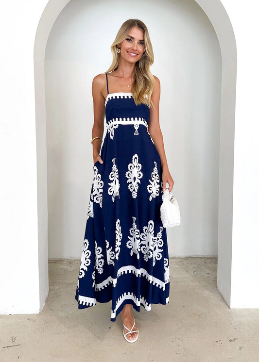 Summer Cami Dress Positioning Printed Waist Controlled Large Swing Corset Sling Dress
