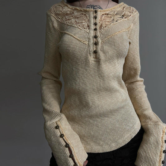 Camiseta de manga larga ajustada con cuello redondo y pespunte de encaje para mujer, ropa de otoño e invierno