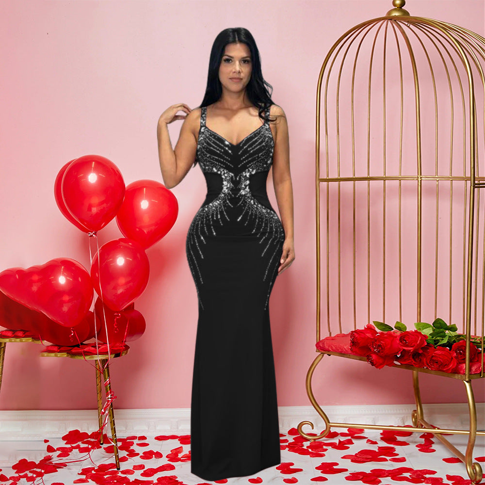 Vestido maxi sexy con escote en V y tirantes, corte entallado y diamantes de imitación