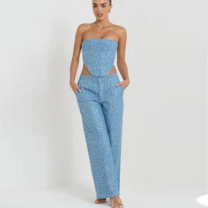 Traje de pantalón de pierna ancha con top de tubo y mezclilla de primavera y verano