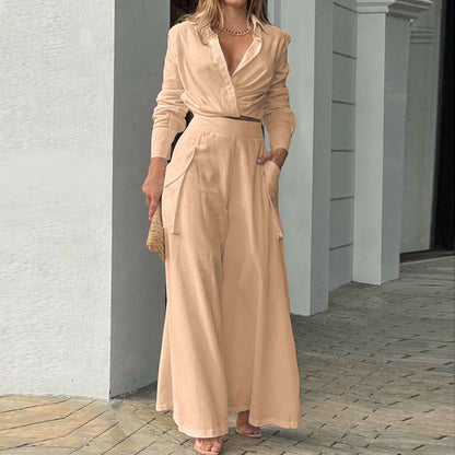 Conjunto de dos piezas de ropa de otoño para mujer, camisa sencilla de color liso, conjunto informal
