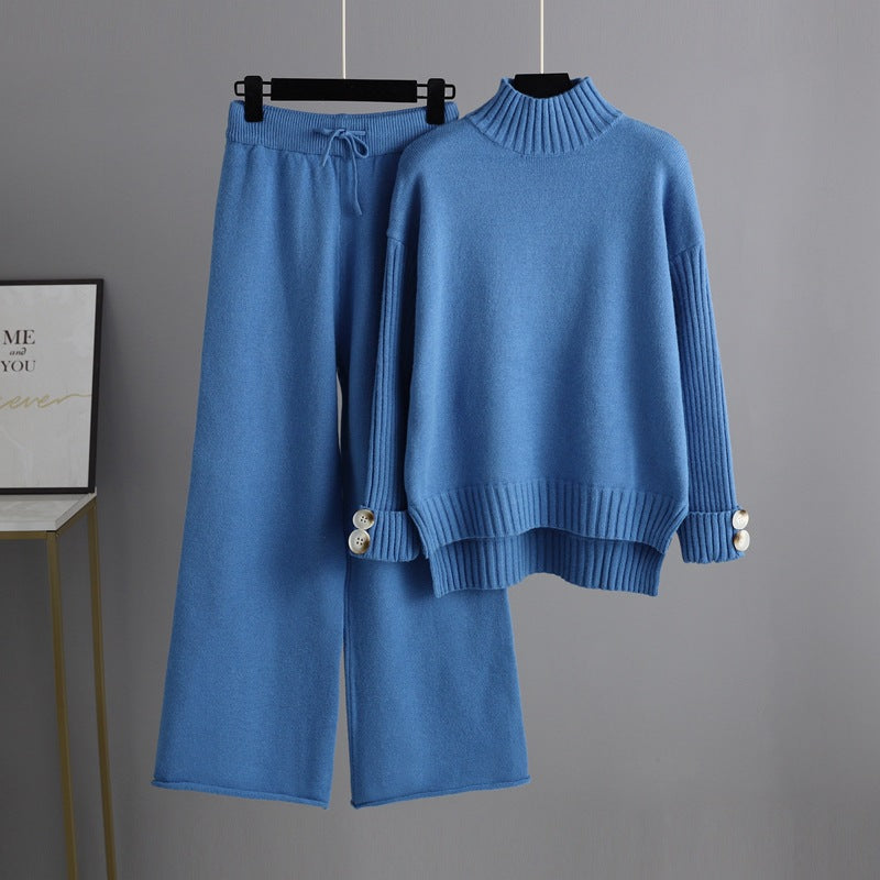 Conjunto de dos piezas de jersey de cuello alto y manga larga para mujer, traje de punto de otoño e invierno, ropa exterior gruesa y holgada.