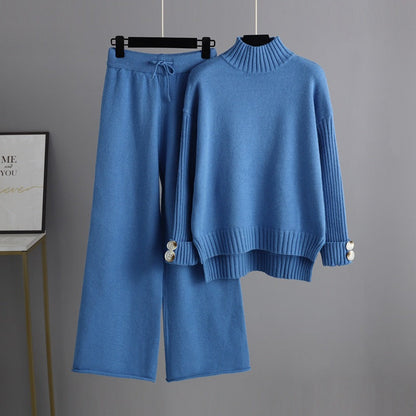 Conjunto de dos piezas de jersey de cuello alto y manga larga para mujer, traje de punto de otoño e invierno, ropa exterior gruesa y holgada.