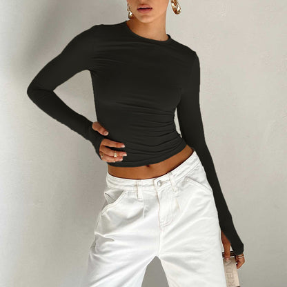 Camiseta de cuello redondo de color liso para mujer, camiseta sexy ajustada de manga larga, camiseta de otoño e invierno