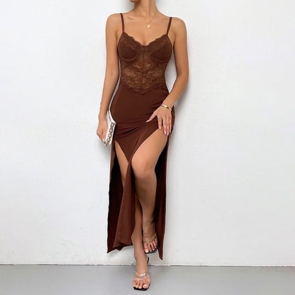 Vestido de mujer con escote bajo, costuras sexys, cintura alta y tirantes divididos