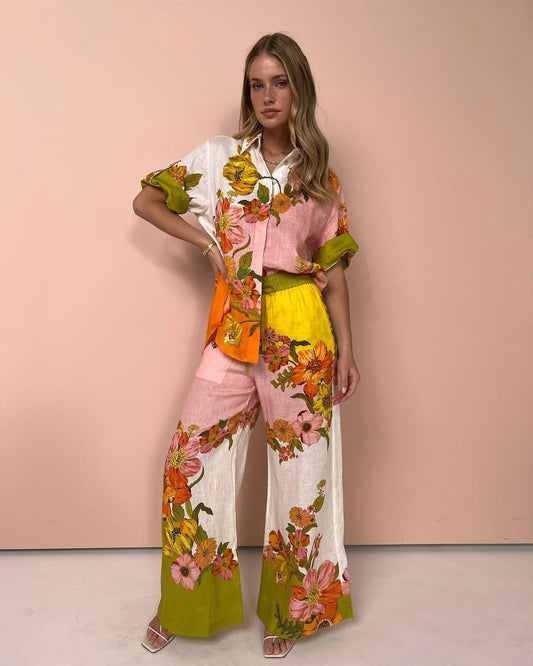 Traje de dos piezas de lino y algodón estampado, parte superior, pantalones de pierna ancha, artesanía amplificada
