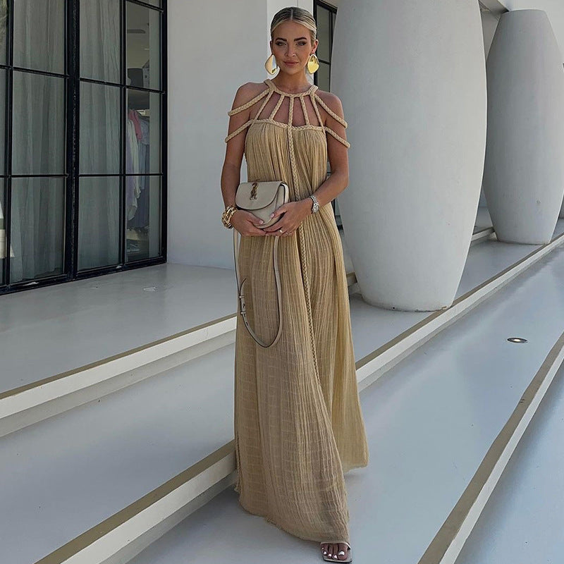 Vestido de primavera para mujer, estilo halter, holgado, sin tirantes, estilo playa, para vacaciones.
