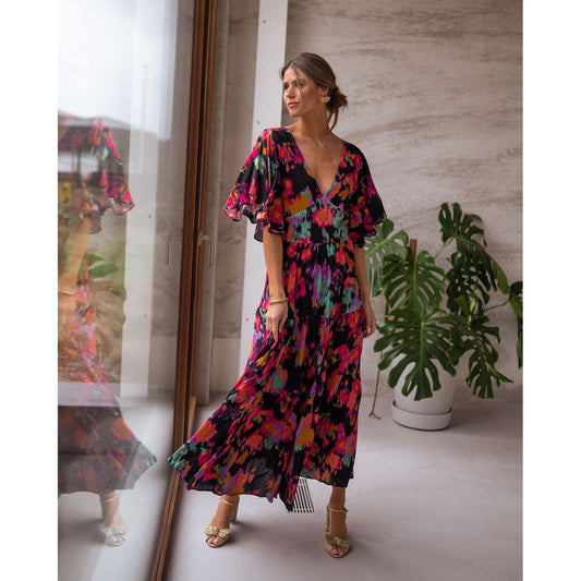 Vestido informal de primavera y verano con escote en V, holgado, sin espalda, con vuelo grande para mujer