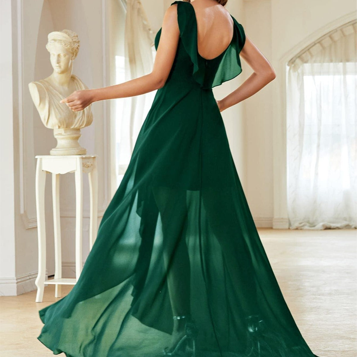 Vestido de noche de gasa con escote en V, plisado en el pecho, sin espalda, corto, largo, para baile, fiesta, dama de honor