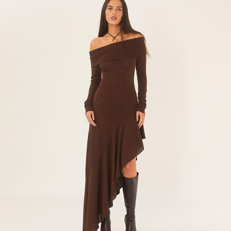 Vestido elegante de manga larga con hombros descubiertos y volantes ajustados para mujer