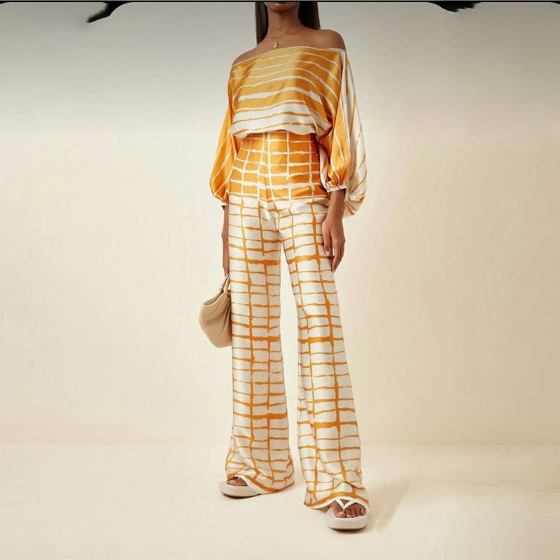 Ropa de mujer, top holgado con mangas murciélago y pantalones anchos, traje de dos piezas