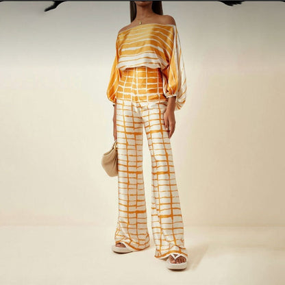 Ropa de mujer, top holgado con mangas murciélago y pantalones anchos, traje de dos piezas