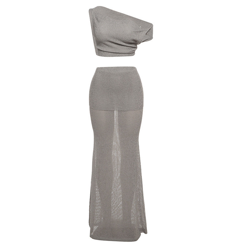 Conjunto de ropa de primavera para mujer, top sexy con hombros oblicuos y espalda descubierta, falda ajustada de color liso.