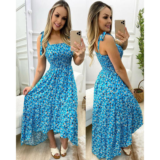 Vestido plisado con tirantes florales para primavera y verano, holgado, con cordones, talla grande
