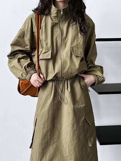 Short Jacket Drawstring Skirt Two Piece Outdoor Sports Cargo Suit Women