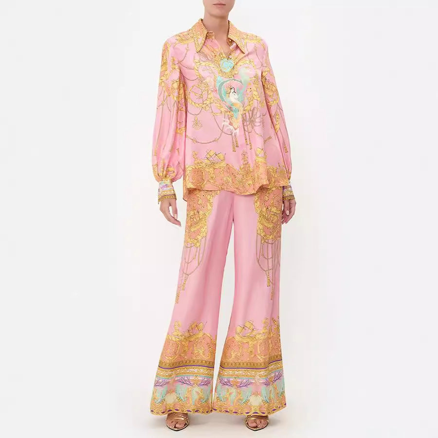 Traje informal de dos piezas para mujer, con camisa y pantalones estampados rosas de manga larga para vacaciones