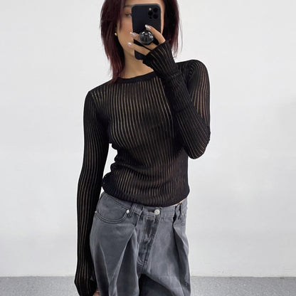 Top de lana de punto fino y transpirable con cuello redondo y manga larga para primavera y verano