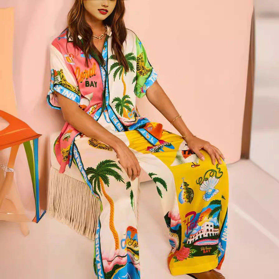 Traje informal de dos piezas con camisa y pantalones de cuello de manga corta de satén con estampado de grafiti