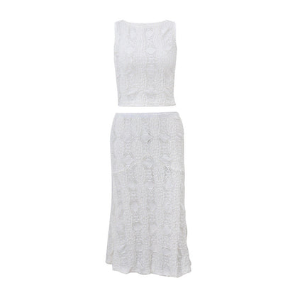 Traje de verano informal sexy de dos piezas con cuello redondo y falda corta tipo chaleco