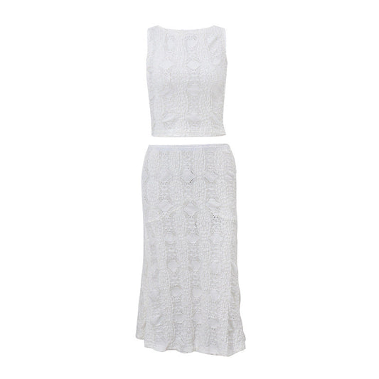Traje de verano informal sexy de dos piezas con cuello redondo y falda corta tipo chaleco