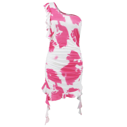 Vestido corto de verano con volantes y estampado tie-dye, sexy, a la cadera, para mujer
