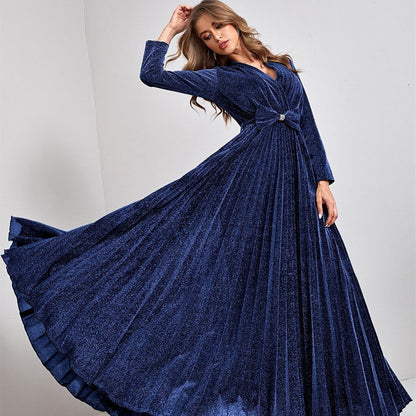 Vestido de noche con escote en V, manga larga, dobladillo grande, elegante, para baile, fiesta, dama de honor