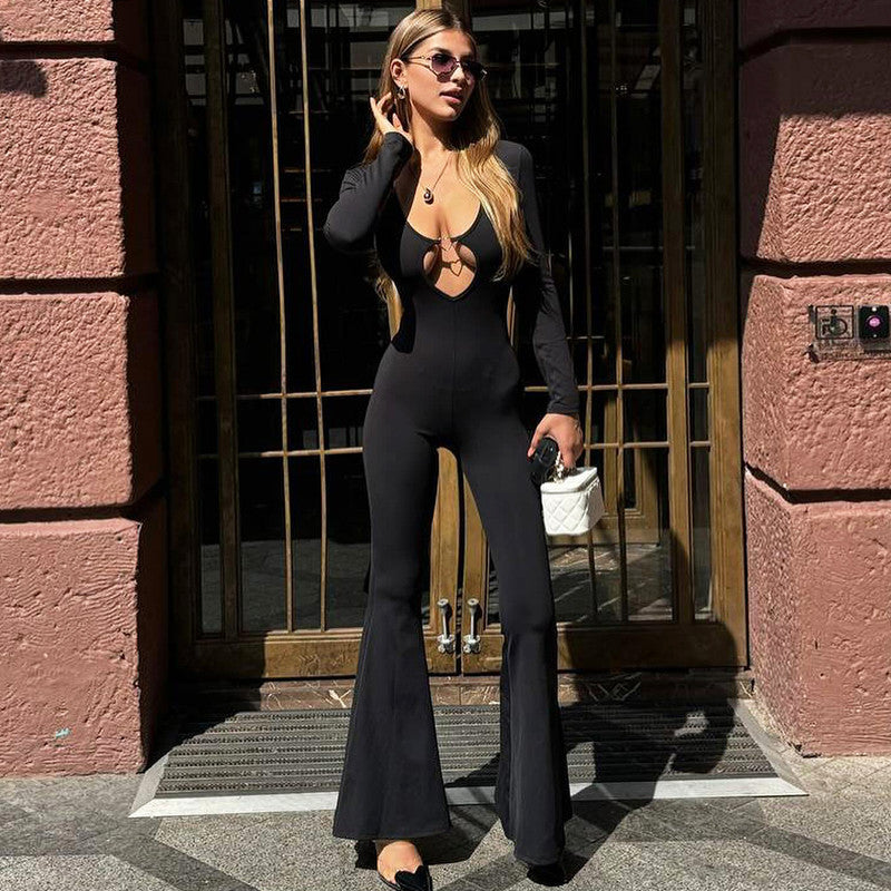 Mono ajustado de manga larga con cuello en V para mujer, ropa de otoño, color liso