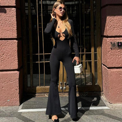 Mono ajustado de manga larga con cuello en V para mujer, ropa de otoño, color liso