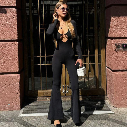 Mono ajustado de manga larga con cuello en V para mujer, ropa de otoño, color liso