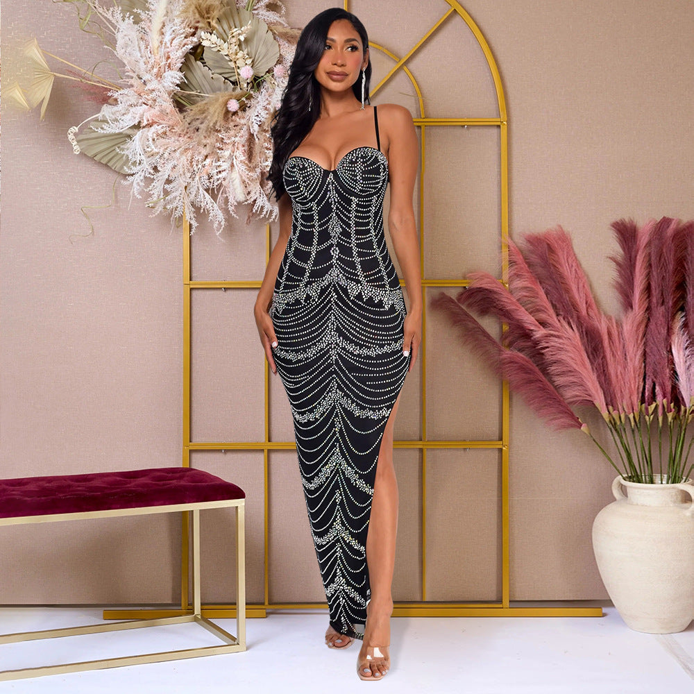 Vestido ajustado sexy con abertura y diamantes de imitación para mujer