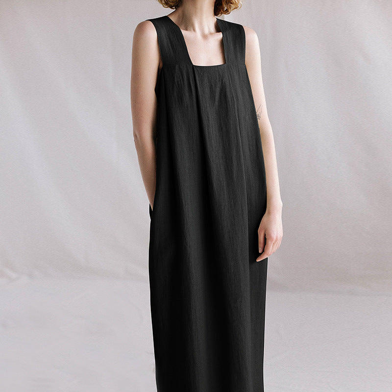 Vestido largo sin mangas de ramio, primavera-verano, diseño francés, holgado, de lino y algodón, con cuello cuadrado, camisola