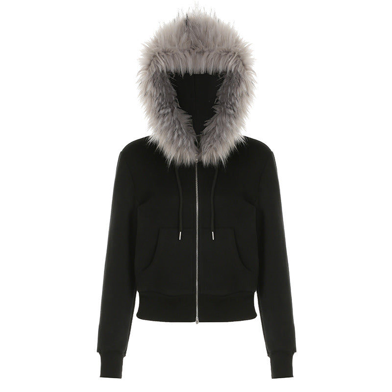 Abrigo de invierno con capucha y empalme peludo estilo retro urbano, ajustado, cálido, con cremallera de doble cara