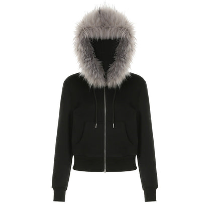 Abrigo de invierno con capucha y empalme peludo estilo retro urbano, ajustado, cálido, con cremallera de doble cara