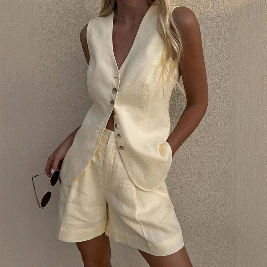 Conjunto de chaleco y pantalones cortos de lino y algodón para mujer, conjunto informal de verano para oficina