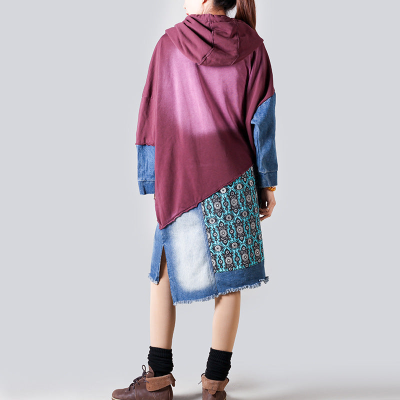 Suéter con capucha de retazos para mujer, largo medio, estilo retro, adelgazante, estampado informal