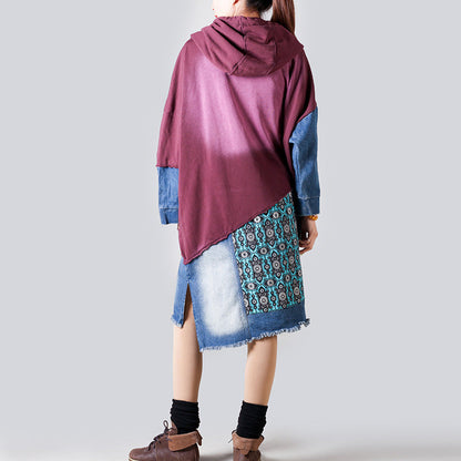 Suéter con capucha de retazos para mujer, largo medio, estilo retro, adelgazante, estampado informal