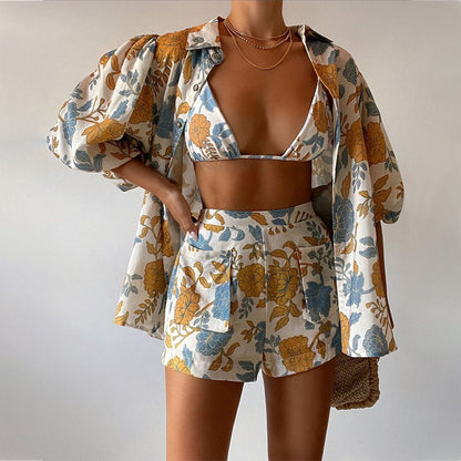 Conjunto de tres piezas de camiseta y pantalones cortos con estampado holgado de primavera para mujer