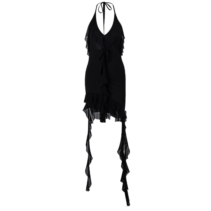 Vestido ajustado asimétrico irregular con volantes y escote en V profundo sexy de primavera
