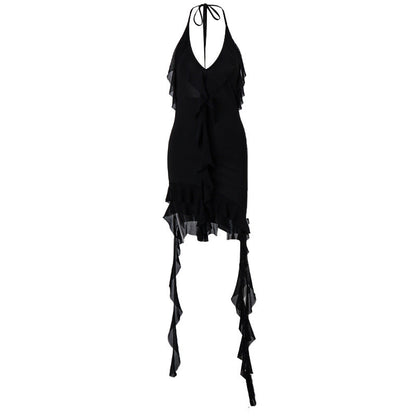 Vestido ajustado asimétrico irregular con volantes y escote en V profundo sexy de primavera