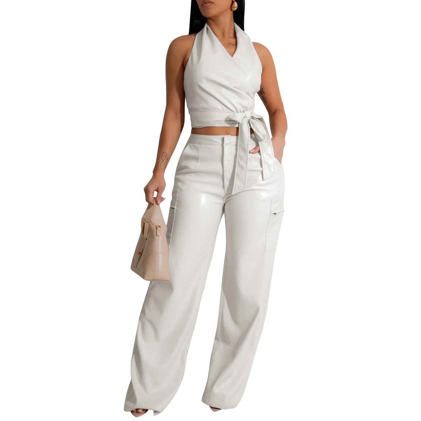 Ropa de mujer de cuero sintético sin mangas, pantalones de cuero sexy con cuello halter, dos piezas de verano