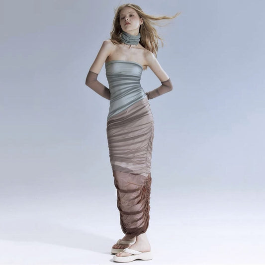 Design Contrast Color Oversleeve Collar Chest Wrapped Dress Summer Thin Sexy See through off the Shoulder Pleated Sexy Hip