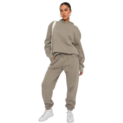 Suéter de manga larga con capucha de color liso para mujer, ropa informal, pantalones, traje, otoño e invierno