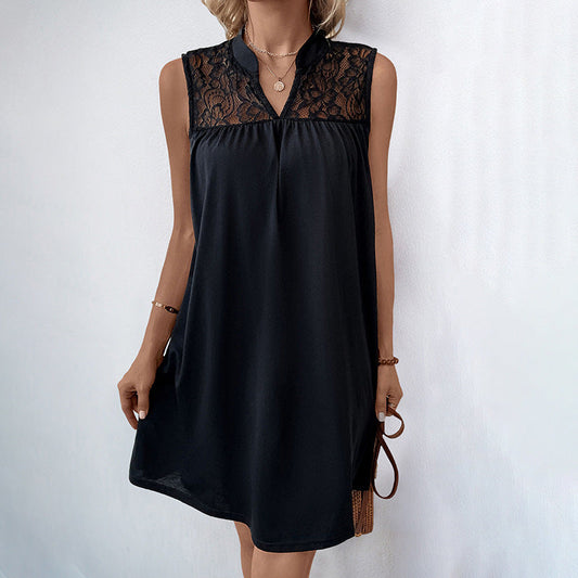 Women Summer Sleeveless Loose Solid Color Lace Stitching Dress