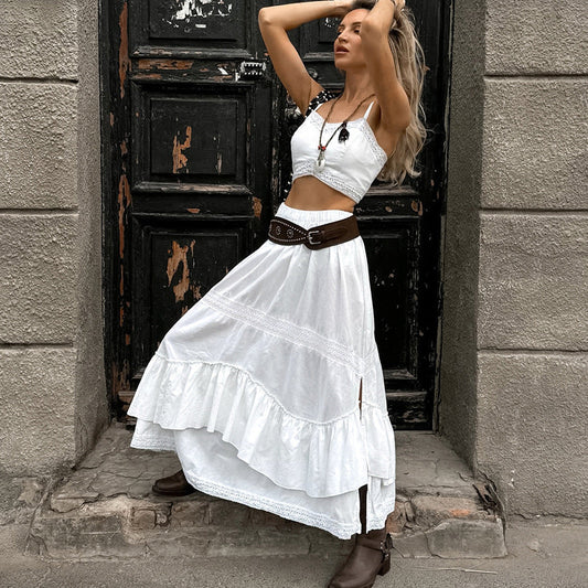 Conjunto de dos piezas formado por top corto, falda dividida y cintura media, sin mangas, cuello cuadrado, de lino y algodón blanco, diseño sexy para primavera y verano