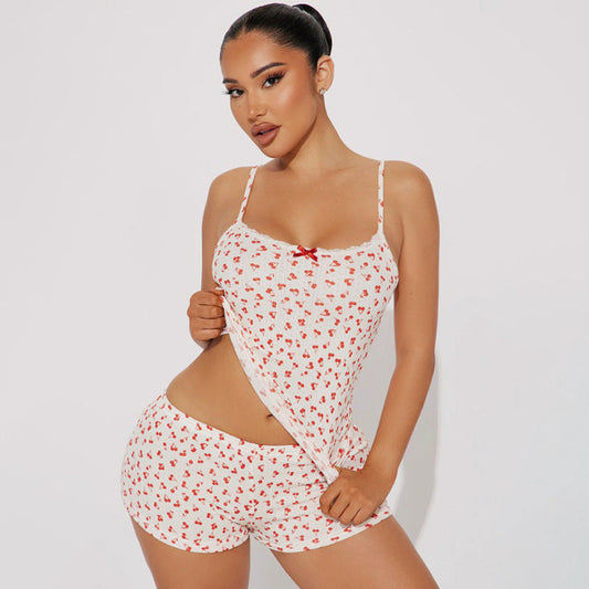 Conjunto de dos piezas de pijama de niña con encaje y costuras con estampado de cerezas