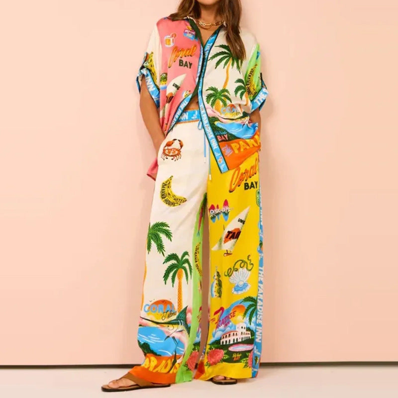 Conjunto informal de pantalones anchos con cintura elástica y bolsillo para mujer, ropa de verano con estampado multicolor