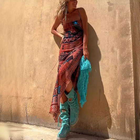 Sexy Sleeveless Printed Stretch Split Straps Tulle Dress