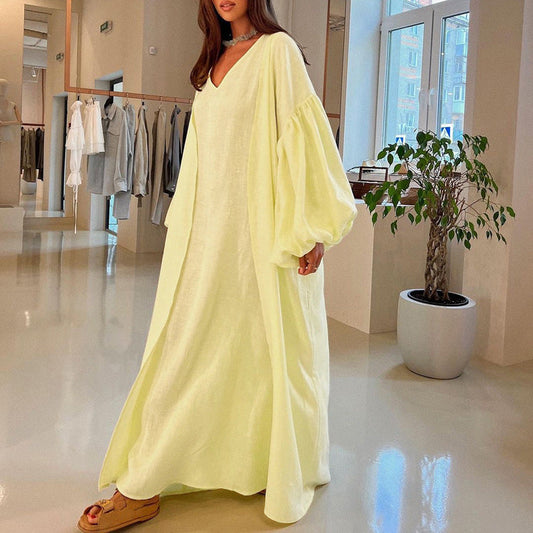 Conjunto de dos piezas formado por vestido y chaleco, para mujer, primavera y otoño, informal, con mangas abullonadas y color liso