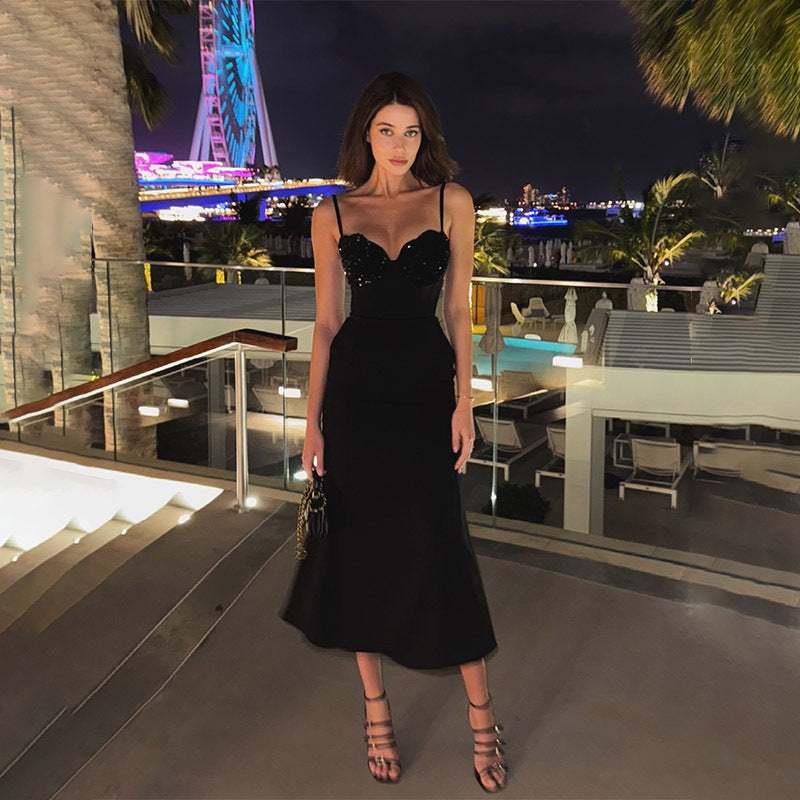 Vestido de cóctel de noche de lujo, sexy, ligero, con escote en V y costuras de lentejuelas, estilo camisola con cintura ceñida