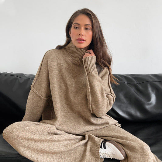 Suéter de cuello alto para mujer, traje holgado informal de otoño e invierno con pantalones de punto gruesos